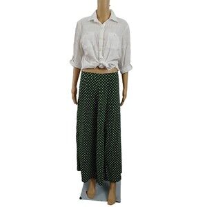 Women's Size Large Green Polka Dot Maxi Skirt Slim Waist Slit Flowy Lightweight